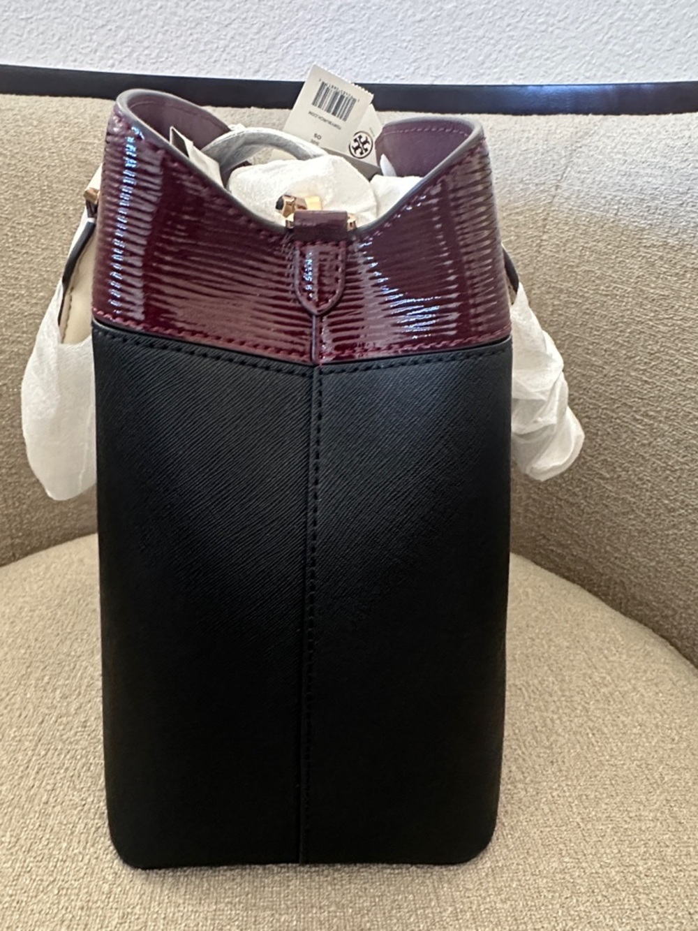 NWT Tory Burch Black and Burgundy Satchel with Tan Handles and Orange Charm - Picture 8 of 12